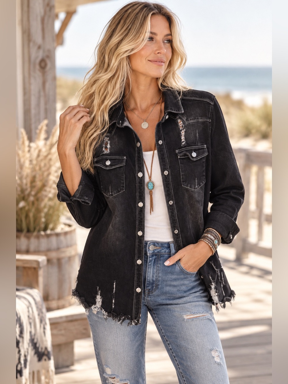 Anthropologie Love Tree Distressed Black Button-Down Shirt Jacket